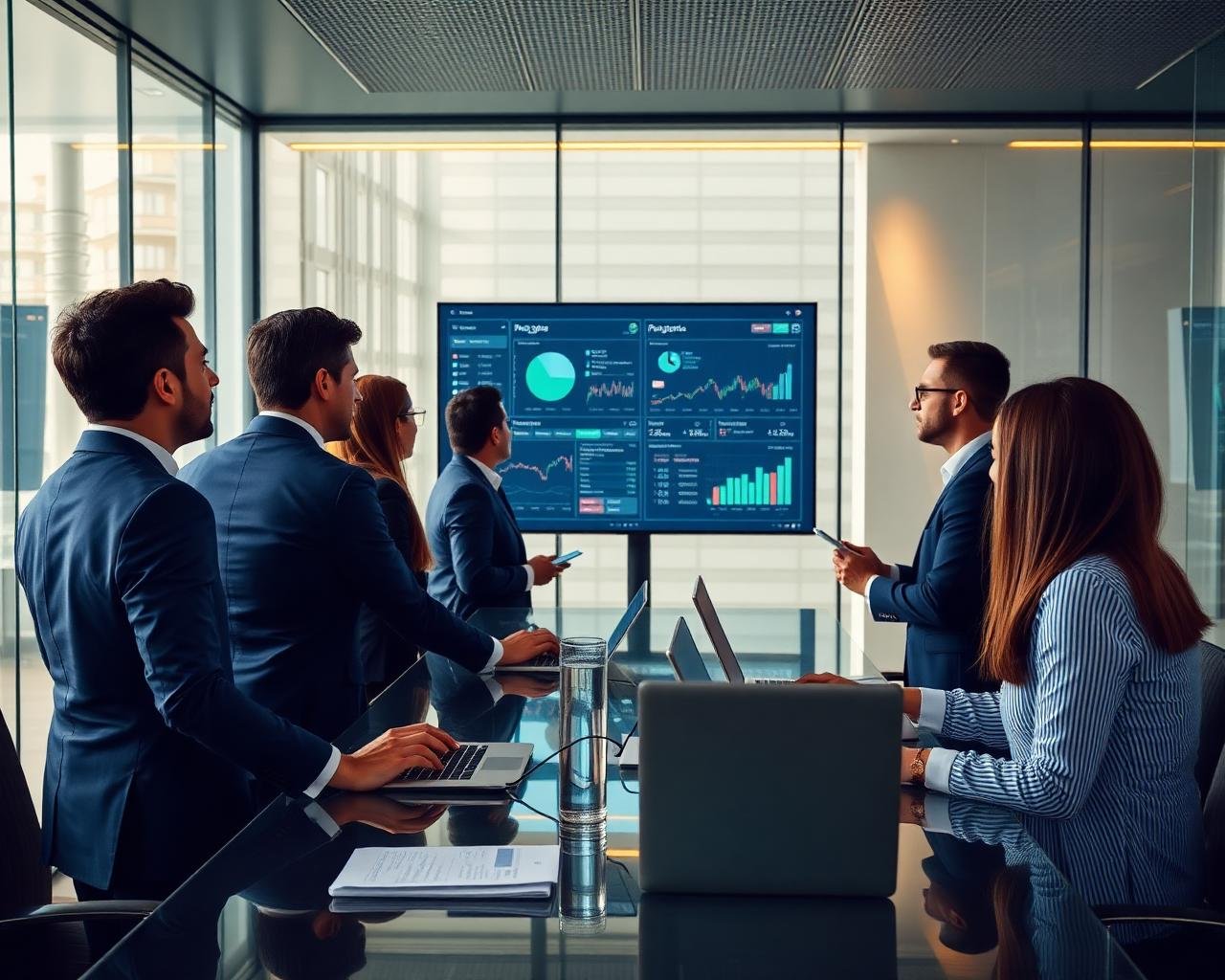 Empresários reunidos analisando dashboards financeiros